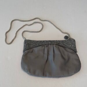Genie Gray Satin Beaded Evening Bag Shoulder Clutch Braided Strap Korea Vintage